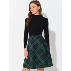 Allegra K Women's Plaids Vintage Tartan Elastic Waist Knee Length A-Line Skirt