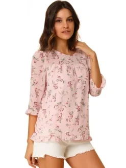 Allegra K Women's Casual Round Neck Ruffle 3/4 Sleeve Floral Print Chiffon Blouse -Allegra K GUEST a7f5dfe9 acb0 426b a837 aa859084ddbf