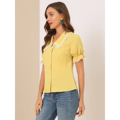 Allegra K Women's Sweet Peter Pan Contrast Collar Short Sleeves Button Up Blouse Tops 3 Allegra K Women's Sweet Peter Pan Contrast Collar Short Sleeves Button Up Blouse Tops - Image 3