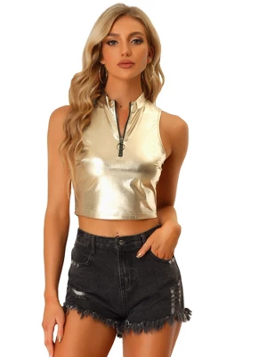 Allegra K Women's Metallic Mock Neck Zip-Up Shiny Holographic Crop Tank Top 7 Allegra K Women's Metallic Mock Neck Zip-Up Shiny Holographic Crop Tank Top - Image 7