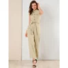Allegra K Women's Button Down Collared Wide Leg Tie Sleeveless Jumpsuits