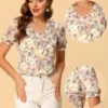 Allegra K Women's Ruffle V Neck Puff Short Sleeve Floral Blouse