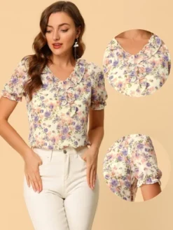Allegra K Women's Ruffle V Neck Puff Short Sleeve Floral Blouse