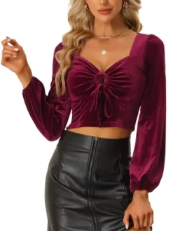 Allegra K O-Ring Cut Out Tops For Women's Sweetheart Neck Long Sleeve Crop Velvet Blouse Top -Allegra K GUEST aa3e5ac9 36e3 4746 a7ea a2f01dcf8f53