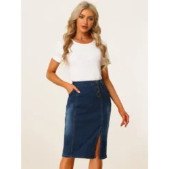 Allegra K Women's Button Decor Side Slit Slash Pocket Midi Denim Skirt -Allegra K GUEST aa8b923a 2fbf 493e 9c48 7ca695e594ef