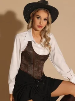 Allegra K Women's Halter Corset Vintage Paisley Lace Up Backless Boned Bustier Crop Tops