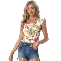 Allegra K Women's Tropical Floral Printed Square Neck Ruffle Sleeve Tank Top -Allegra K GUEST aabca7f7 fad7 4b46 aad2 e3c5fbd94547