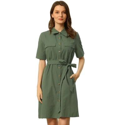 Allegra K Women's Safari Dress Collared Button Down Cotton Belted Shirtdress 6 Allegra K Women's Safari Dress Collared Button Down Cotton Belted Shirtdress - Image 6