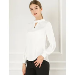 Allegra K Women's Office Keyhole Elegant Stand Collar Long Sleeve Chiffon Blouses