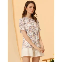 Allegra K Women's Chiffon Short Sleeve Ruffled Trim Floral Blouse Top