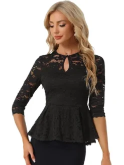 Allegra K Women's Floral Lace Keyhole Front Sheer 3/4 Sleeve Peplum Blouses -Allegra K GUEST acca0c95 5ba3 4f66 a892 499dd4436ebf