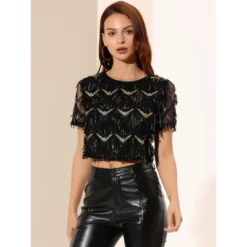 Allegra K Women's Sequin Shiny Glitter Crop Short Sleeves Tassel T-Shirt -Allegra K GUEST ad0c6b22 7ccf 4a23 a818 7eb702159568