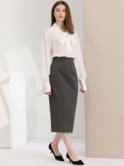 Allegra K Women's Checked Plaid Printed High Waist Zipper Back Split Bodycon Midi Skirt