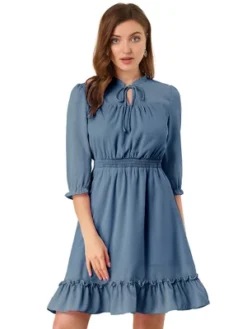 Allegra K Women's Ruffle Hem 3/4 Sleeve A-Line Smocked Short Chiffon Dress -Allegra K GUEST ae143473 e34d 481f aa5e e1b202aa36c5