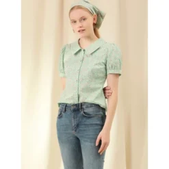 Allegra K Women's Puff Sleeves Point Collar Button Down Floral Shirts -Allegra K GUEST ae447ffc 4327 4b35 9d49 531d472efafa