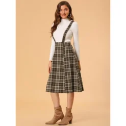 Allegra K Women's Vintage Plaid A-Line Tartan Suspender Midi Skirt