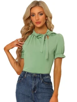 Allegra K Women's Bow Tie Neck Elegant Office Short Sleeve Blouse -Allegra K GUEST ae594043 31e9 4a0e b6f1 99f3d13337c8