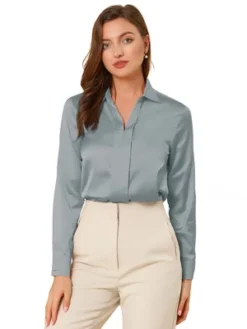 Allegra K Women's Elegant V Neck Long Sleeve Office Work Satin Blouse -Allegra K GUEST ae742af4 2343 414f b9df b3e24373d93f