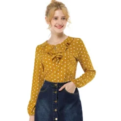 Allegra K Women's 1950s Vintage Ruffle Neck Long Sleeve Dots Blouse