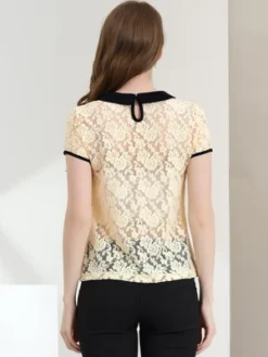 Allegra K Women's Contrast Peter Pan Collar Blouse Short Sleeve Sheer Lace Top -Allegra K GUEST aea4eec0 b74f 4a14 b64a 8b04cc306167