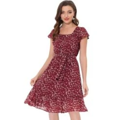 Allegra K Women's Floral Chiffon Flutter Sleeve Belted Square Neck Ruffled Hem Dress -Allegra K GUEST aef262b2 6af7 4a8d 8980 2d2e7b317189