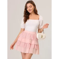 Allegra K Women's Summer High Waist A-Line Lace Mini Tiered Skirt