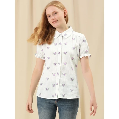 Allegra K Women's Frilled Top Peter Pan Collar Blossoms Floral Print Blouse Shirt 2 Allegra K Women's Frilled Top Peter Pan Collar Blossoms Floral Print Blouse Shirt - Image 2