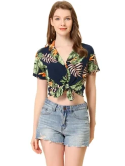 Allegra K Women's Hawaiian Floral Leaves Printed Short Sleeve Button Down Vintage Beach Shirt -Allegra K GUEST b0e415b1 399b 49ba 91a8 fd54d3c8a80b
