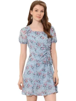 Allegra K Women's Floral Square Neck Short Sleeve Drawstring Ruched Dress -Allegra K GUEST b0ee42d3 b1f7 42b8 90fb 1450bfb48ea1