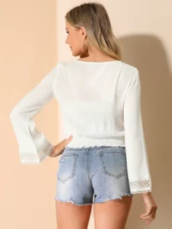 Allegra K Women's Round Neck Bell Long Sleeve Smocked Hem Cropped Blouse -Allegra K GUEST b0fb9339 8b58 46a6 8925 b681bc2cd08b