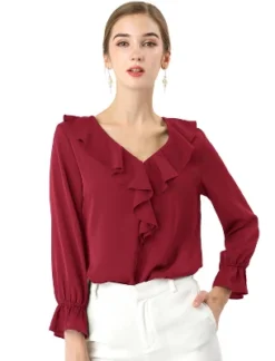 Allegra K Women's Office Work Ruffle V Long Sleeve Neck Chiffon Peasant Blouse -Allegra K GUEST b12dcb0a a382 480f 9ca5 bfe34d2822c3