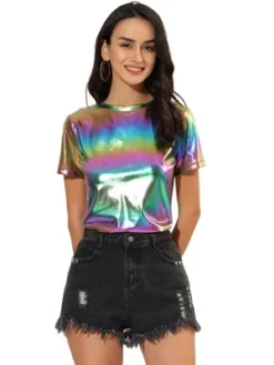 Allegra K Women's Party Metallic Textured Short Sleeve Shiny T-shirts -Allegra K GUEST b140959c 1089 4b3f 98d5 8b3ce2326b8b