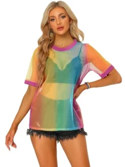 Allegra K Women's Rainbow Mesh Short Sleeve Cover Up Sheer T-Shirt -Allegra K GUEST b1874bfb 22ef 4ce2 828b e961b5fdde60