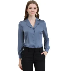 Allegra K Women's Elegant Collar V Neck Long Sleeve Work Office Satin Button Down Shirt -Allegra K GUEST b1ab04d1 dd42 4728 9afb 65cb206dd687
