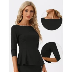 Allegra K Women's Round Neck Pearl Decor 3/4 Sleeves Elegant Blouses