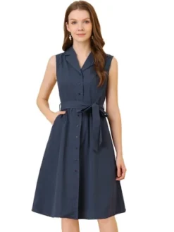Allegra K Women's Sleeveless Notched Lapel Belted Business Office Midi Shirt Dress -Allegra K GUEST b2a2214b 233f 4f0f becd 69e5e8eedf51
