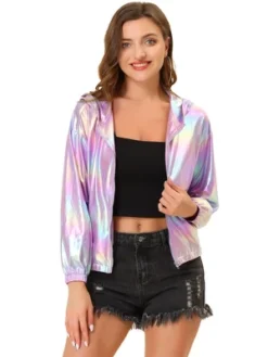 Allegra K Women's Holographic Shiny Long Sleeve Zipper Hooded Metallic Jacket -Allegra K GUEST b2f0f200 b1f7 40ed abf1 c01b7f011944