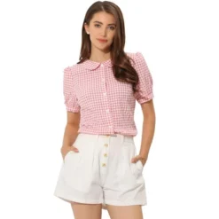 Allegra K Women's Plaid Gingham Blouse Puff Short Sleeve Peter Pan Collar Button Down Shirt -Allegra K GUEST b31ccfa2 fc01 4f9a 9a1f 0674d55657ca