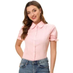 Allegra K Women's Collared Frilled Short Sleeve Solid Shirts -Allegra K GUEST b346edd6 c964 40a4 81c3 3c38ee7849d5