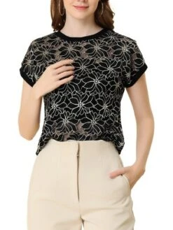Allegra K Women Curved Hem Sheer Short Sleeves Floral Lace Blouse Top -Allegra K GUEST b3870203 9213 4d93 b250 83b4edaf0860