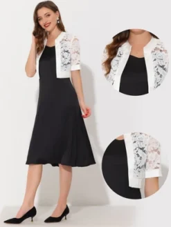 Allegra K Women's Lace Satin Panel Short Sleeve Bolero Cardigan