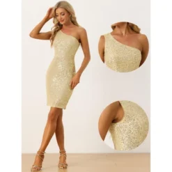 Allegra K Women's Sparkly Cocktail Party One Shoulder Bodycon Dress