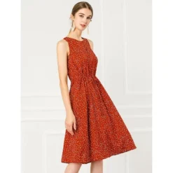 Allegra K Women's Floral Printed Split Neck Drawstring Waist Sleeveless A-Line Midi Dress