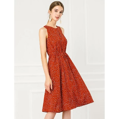 Allegra K Women's Floral Printed Split Neck Drawstring Waist Sleeveless A-Line Midi Dress 1 Allegra K Women's Floral Printed Split Neck Drawstring Waist Sleeveless A-Line Midi Dress