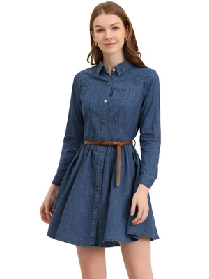 Allegra K Women's Button Down Belted Pleated Flare A-line Denim Shirt Dress 11 Allegra K Women's Button Down Belted Pleated Flare A-line Denim Shirt Dress - Image 11