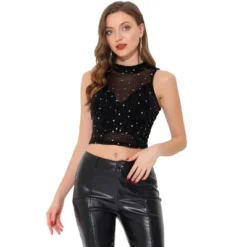 Allegra K Women's Metallic Star Mesh Mock Neck Sleeveless See Through Party Crop Top -Allegra K GUEST b48b3fc9 0648 43c1 91b9 60daab1f63b8