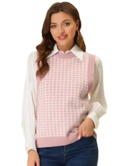 Allegra K Women's Round Neck Sleeveless Houndstooth Plaid Knitted Sweater Vest -Allegra K GUEST b5134f29 c8c5 415d 9931 71a2bcb923f4