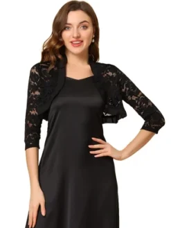 Allegra K Women's Elegant Ruffle Collar Sheer Floral Lace Crop Shrug -Allegra K GUEST b55a08cf a23d 4d4a 9a3d 91ef2283149c