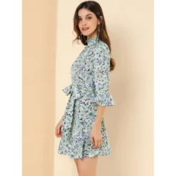 Allegra K Women's Floral 3/4 Bell Sleeve Smocked Belted Flare Ruffle Dress