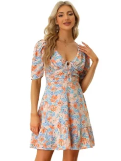 Allegra K Floral Dress For Women's Summer Short Sleeve Sweetheart V Neck Summer Mini Dress -Allegra K GUEST b57d8fe9 b56b 4a86 87b5 8958e70f54f2